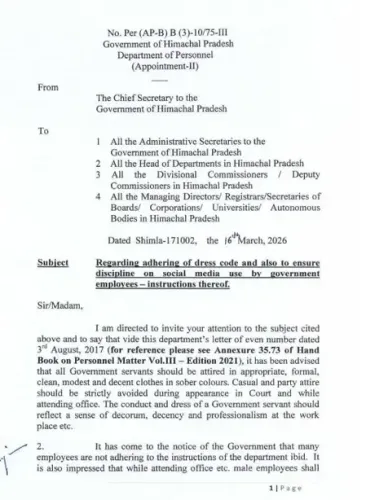 हिमाचल प्रदेश में सरकारी कर्मचारियों के लिए नया ड्रेस कोड और सोशल मीडिया नियम