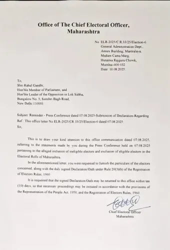 Has Maharashtra CEO Reminded Rahul Gandhi to Submit Voter List Allegations Declaration?