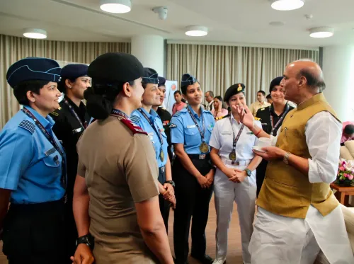 Rajnath Singh felicitates women officers of Samudra Pradakshina