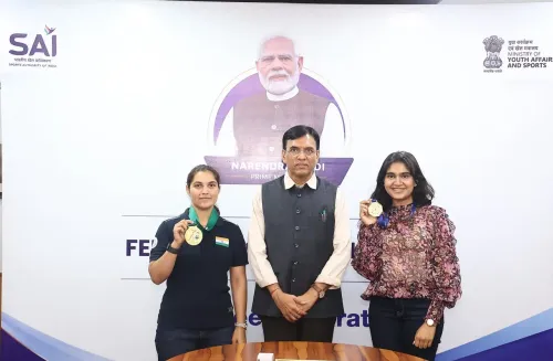 Esha Singh, Neeru Dhanda felicitated by Sports Min Mandaviya for ISSF World Cup gold
