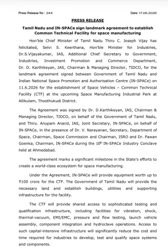 Tamil Nadu, IN-SPACe sign deal for space manufacturing hub
