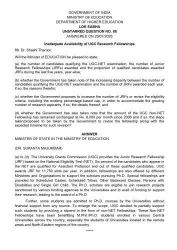 Tharoor Slams Ministry Over UGC Fellowship Gaps, Stale Stipend