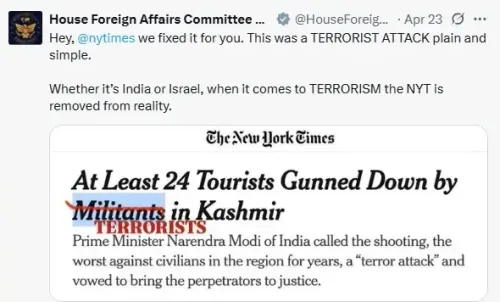 US House Committee Critiques NYT's Pahalgam Coverage as a Terror Attack