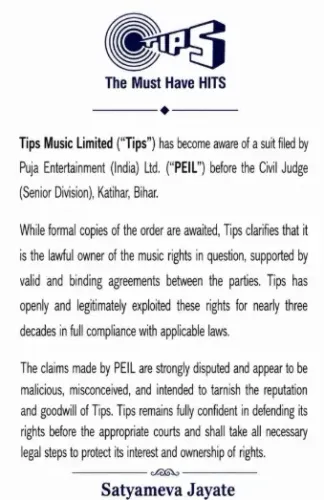 Tips Music rejects Puja Entertainment's IP claims as malicious, misconceived