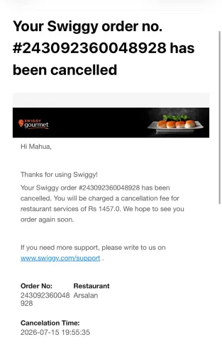 TMC MP Mahua Moitra hits out at Swiggy over cancelled order, ₹1,457 fee