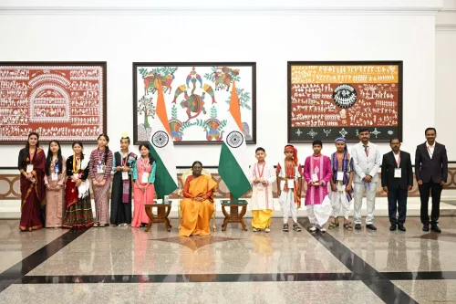 Tripura students tie rakhi on President Murmu at Rashtrapati Bhavan