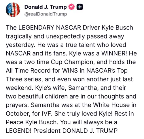 Trump Pays Tribute to NASCAR Driver Kyle Busch