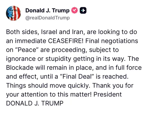 Trump Says Israel and Iran Seeking Immediate Ceasefire