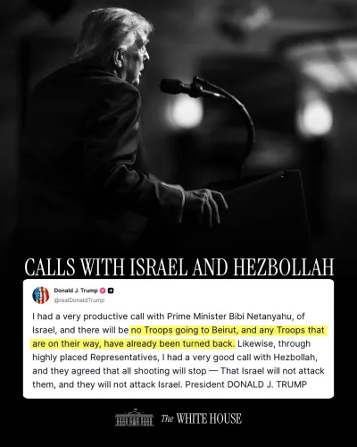 Trump Says No US Troops to Beirut, Claims Hezbollah Ceasefire