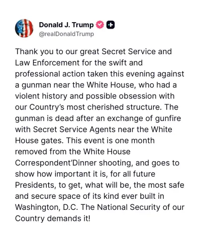 Trump Thanks Secret Service After White House Gunman Incident