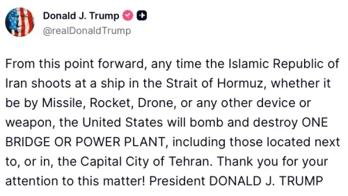 Trump Threatens to Bomb Iran Infrastructure Over Hormuz Attacks