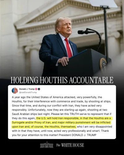 Trump Warns Iran of 'Major Military Punishment' Over Houthi Attacks