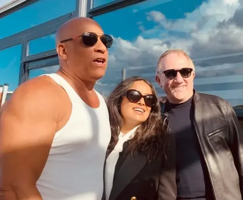 Vin Diesel poses with Salma Hayek and François-Henri Pinault at Cannes