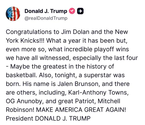 White House Congratulates Knicks Owner Jim Dolan on NBA Title