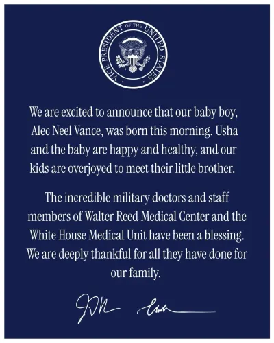 White House Congratulates VP JD Vance on Fourth Child