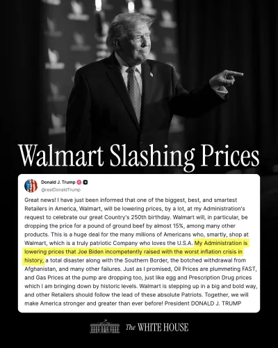 White House Says Walmart to Cut Prices Sharply