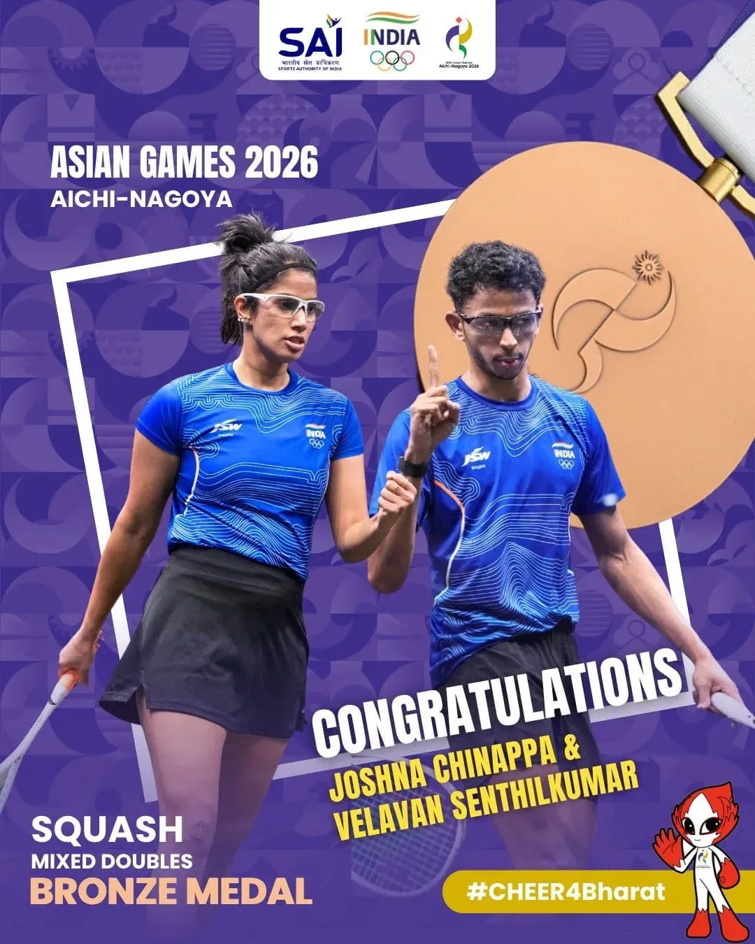 Sonowal hails Joshna, Velavan's Squash Mixed Doubles Bronze