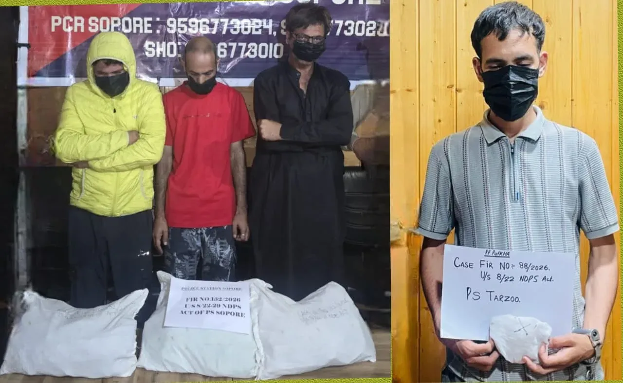 सोपोर में नशा मुक्त अभियान के तहत बड़ी कार्रवाई, 4 तस्कर गिरफ्तार; 150 बोतल कोडीन सिरप बरामद