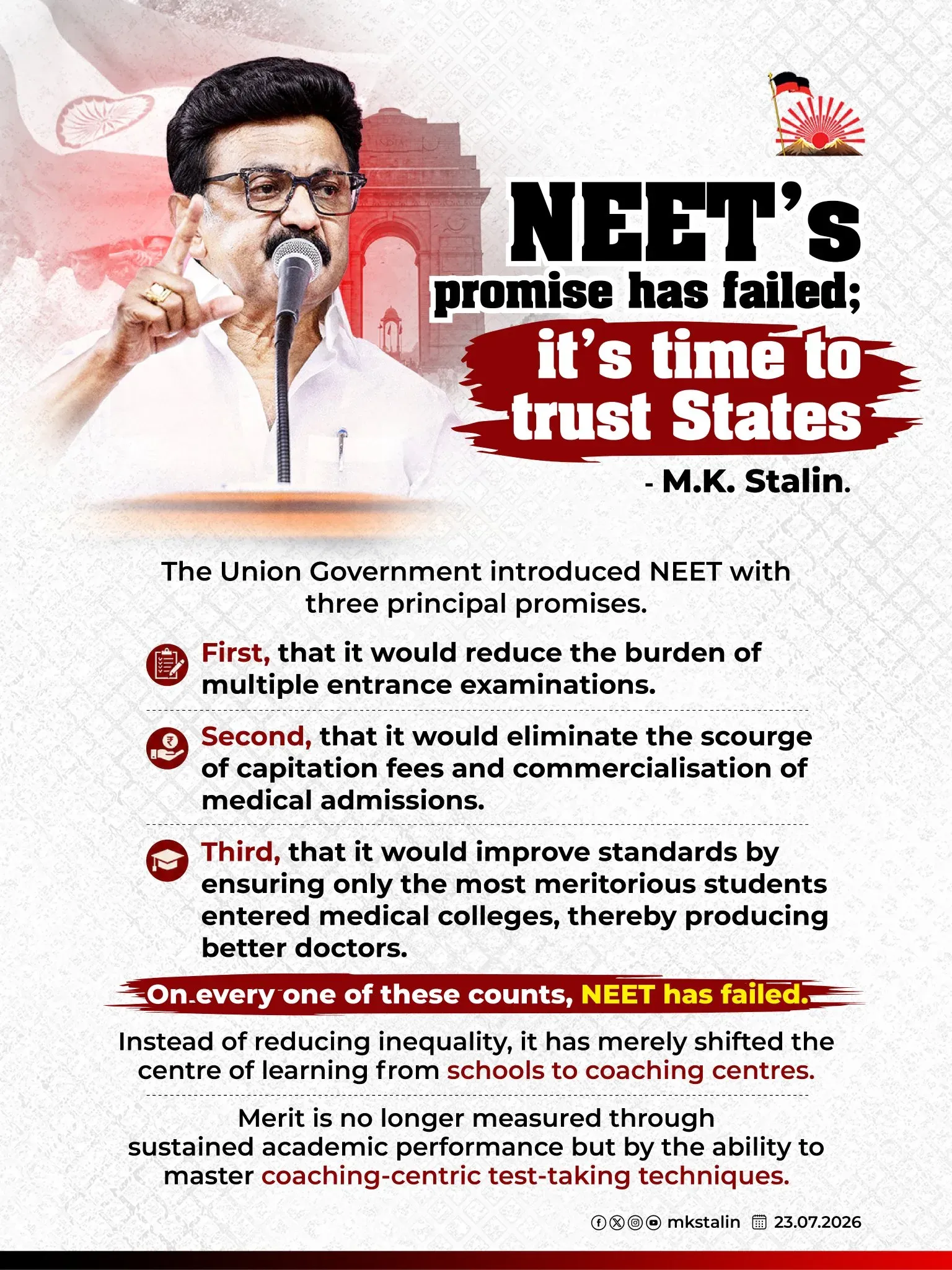 Stalin calls for NEET abolition, says it has failed on all counts