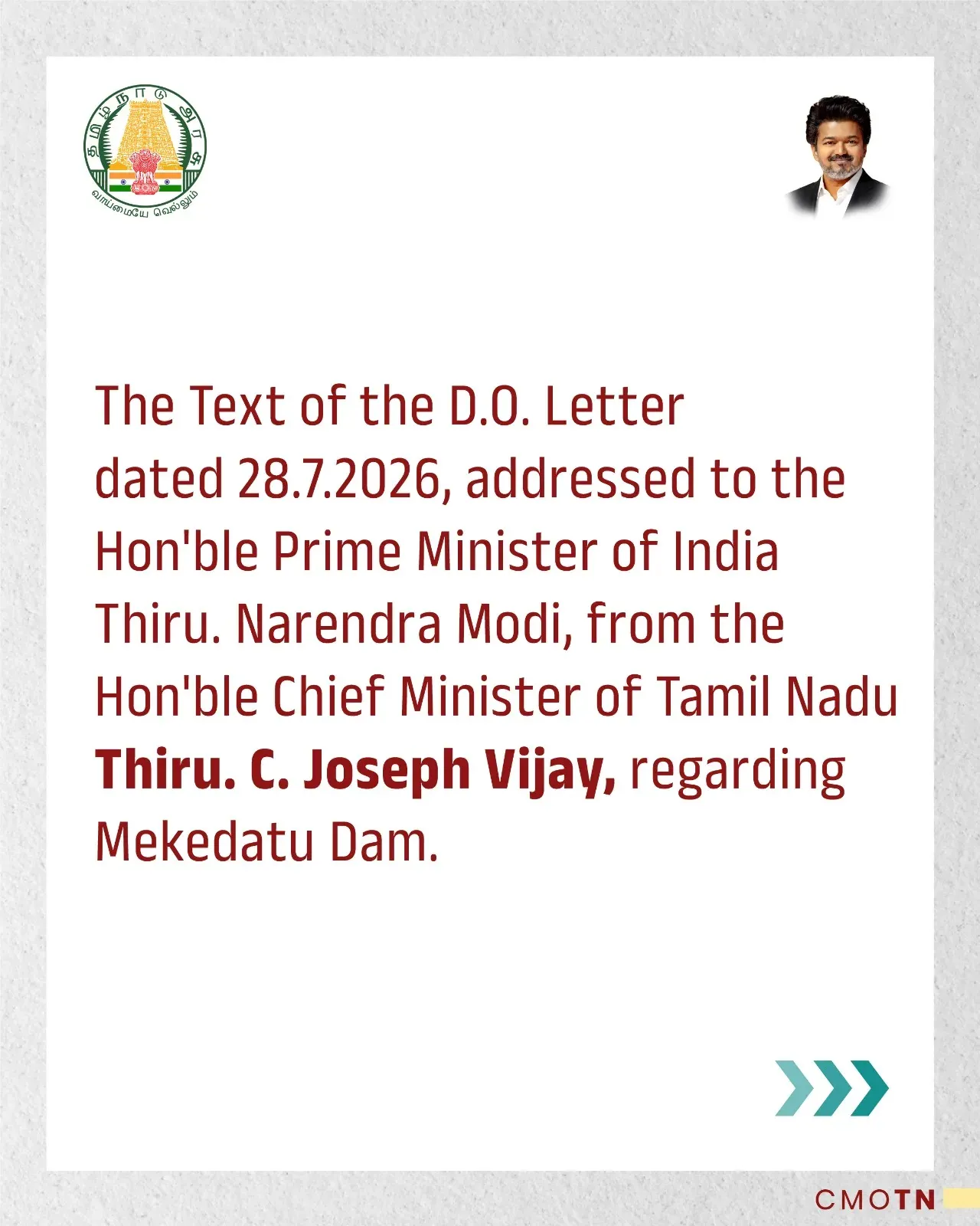 Tamil Nadu CM Vijay writes to PM Modi opposing Mekedatu Dam