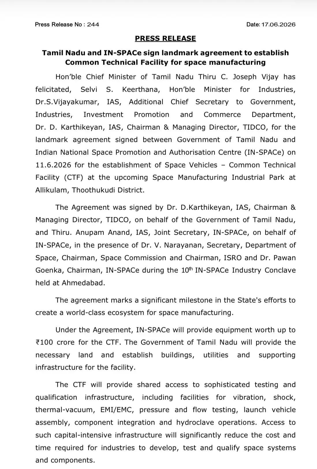 Tamil Nadu, IN-SPACe sign deal for space manufacturing hub