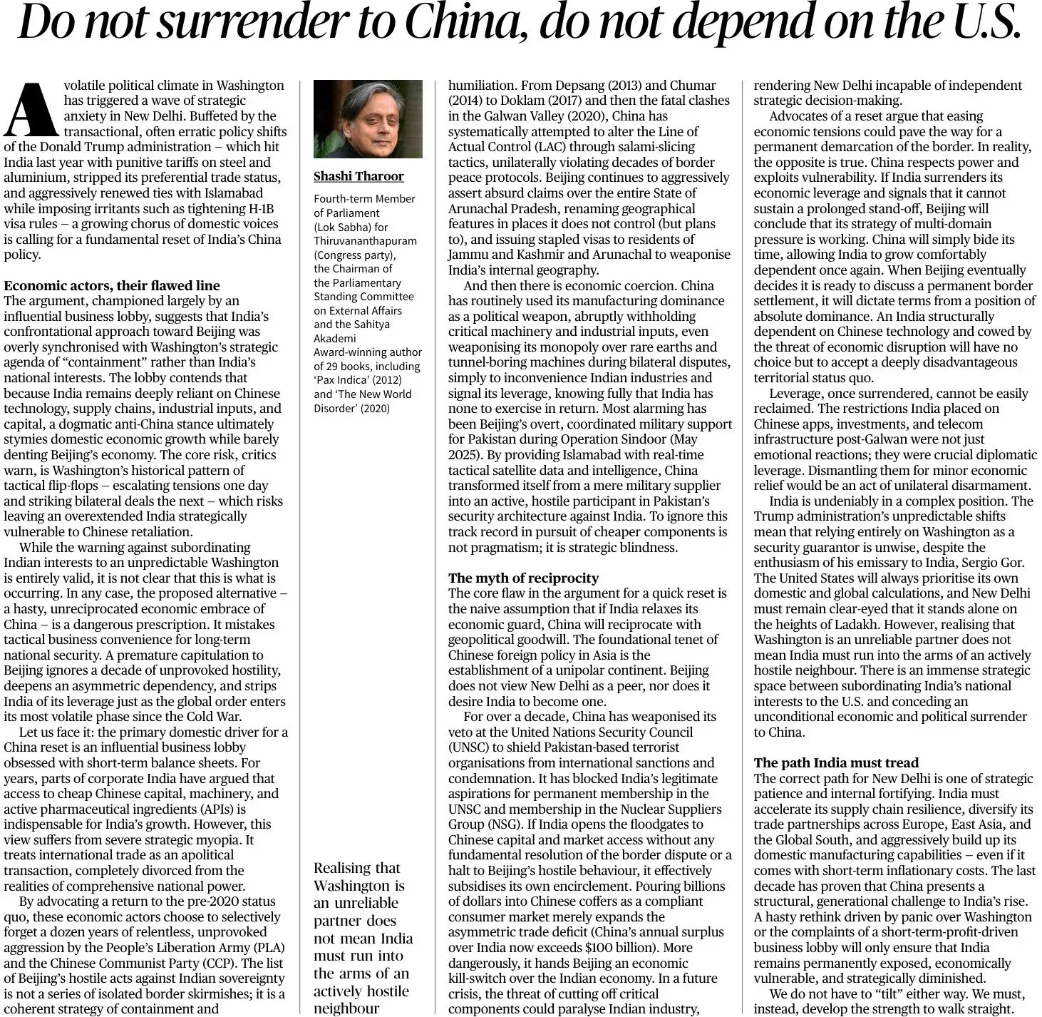 Tharoor argues against India pivoting to China amid US policy uncertainty