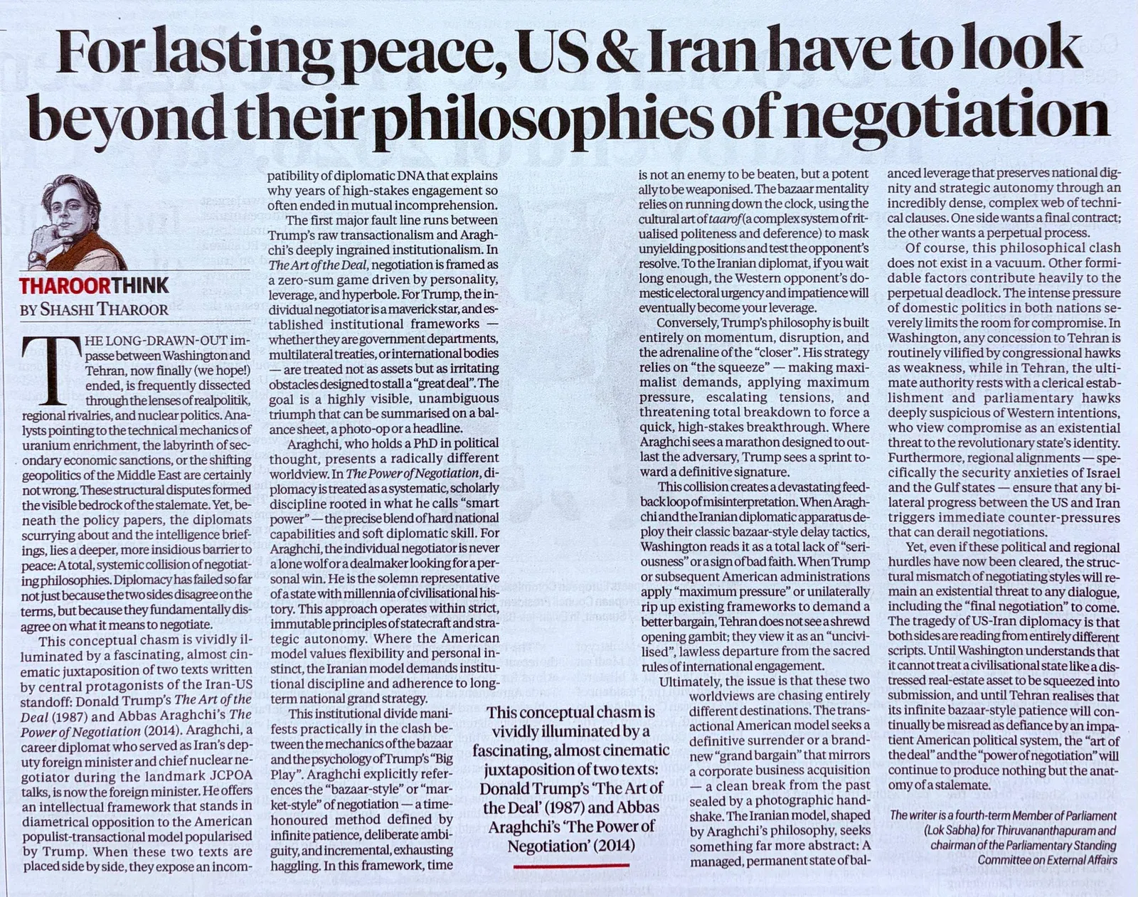 Tharoor Compares Iran-US Negotiating Styles in New Column