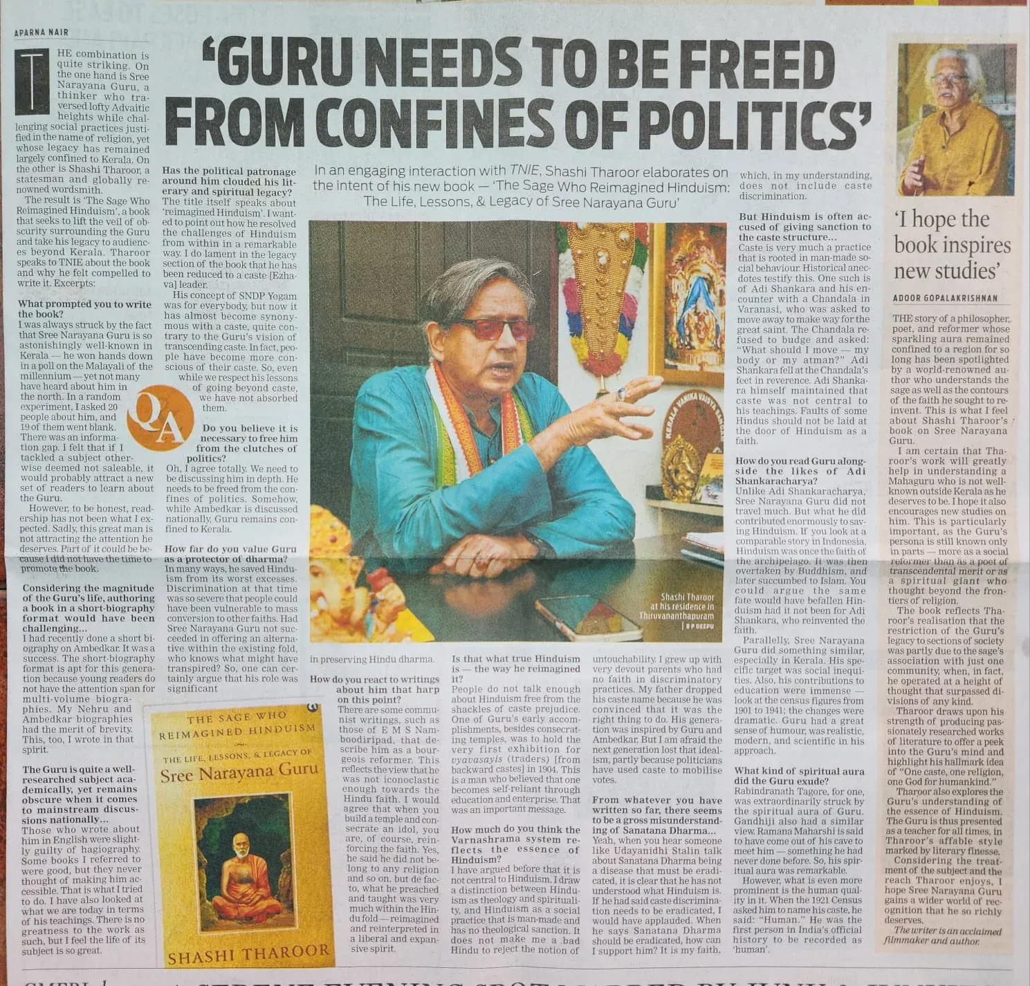 Tharoor Honoured by Feature on Sree Narayana Guru Book
