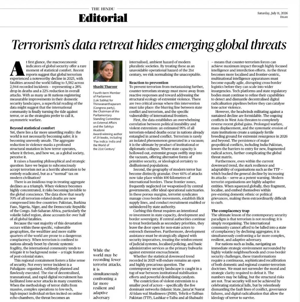Tharoor Urges Global Action Against Terrorism in New Column