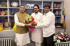 Anurag Thakur meets BJP Jharkhand chief Aditya Sahu, MP Dhullu Mahato