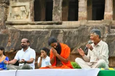 CM Chandrababu Joins Baba Ramdev for Yoga at Undavalli Caves
