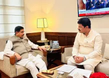 Pralhad Joshi receives Shivamogga MP B.Y. Raghavendra at Parliament office