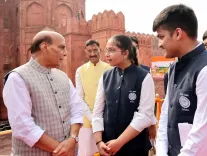 Rajnath Singh meets Science Olympiad medalists at Red Fort