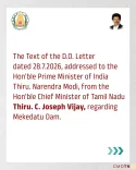 Tamil Nadu CM Vijay writes to PM Modi opposing Mekedatu Dam