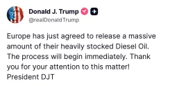 Trump: Europe agrees to release large diesel reserves immediately