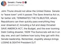 Trump Urges Thune to Block Senate Recess, End Filibuster