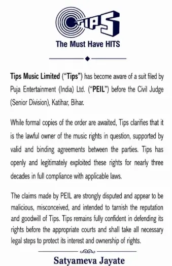 Tips Music rejects Puja Entertainment's IP claims as malicious, misconceived