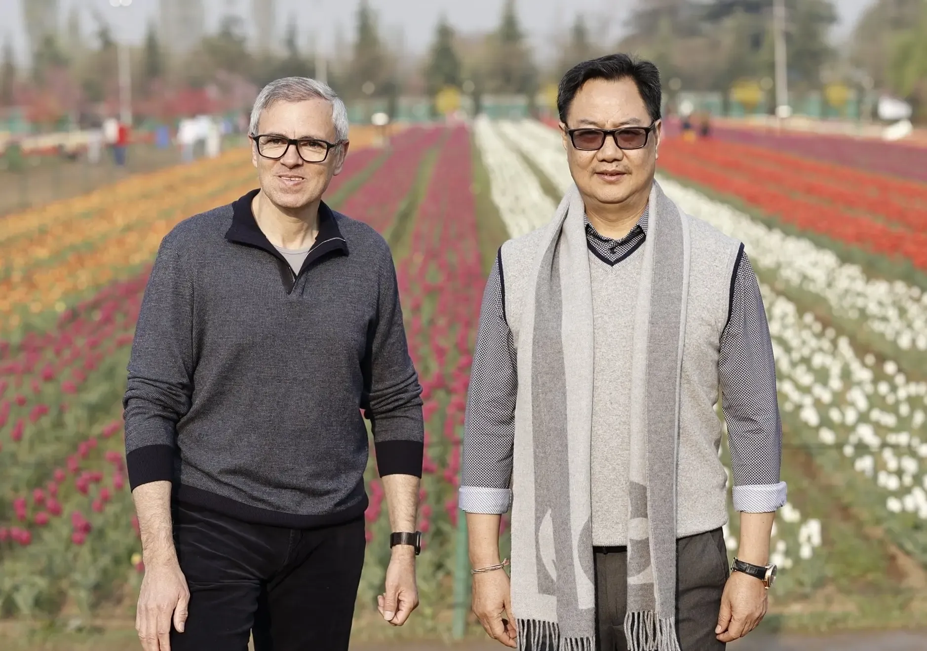 A Remarkable Morning: Kiren Rijiju and Omar Abdullah Stroll Through Srinagar's Tulip Garden
