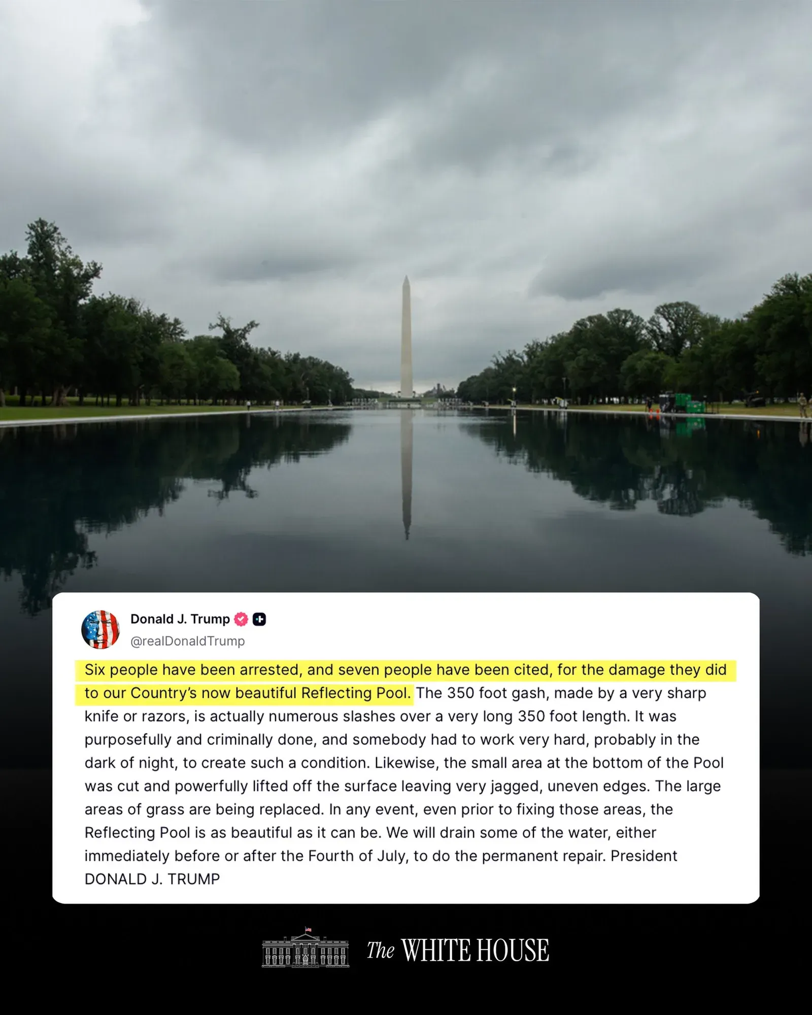 Trump: 6 Arrested, 7 Cited for Damage to DC Reflecting Pool