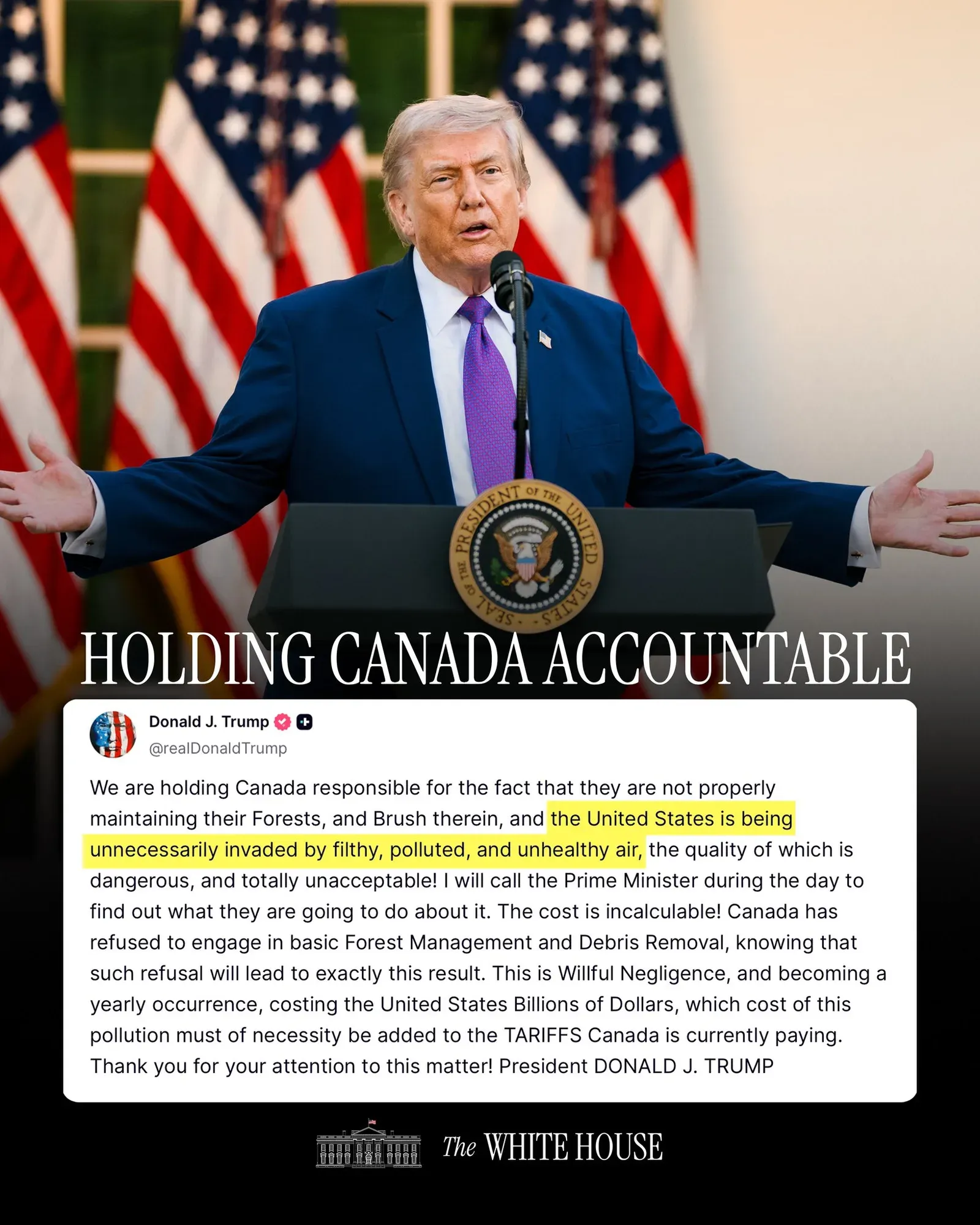 Trump Blames Canada for 'Filthy' Air Invading the US