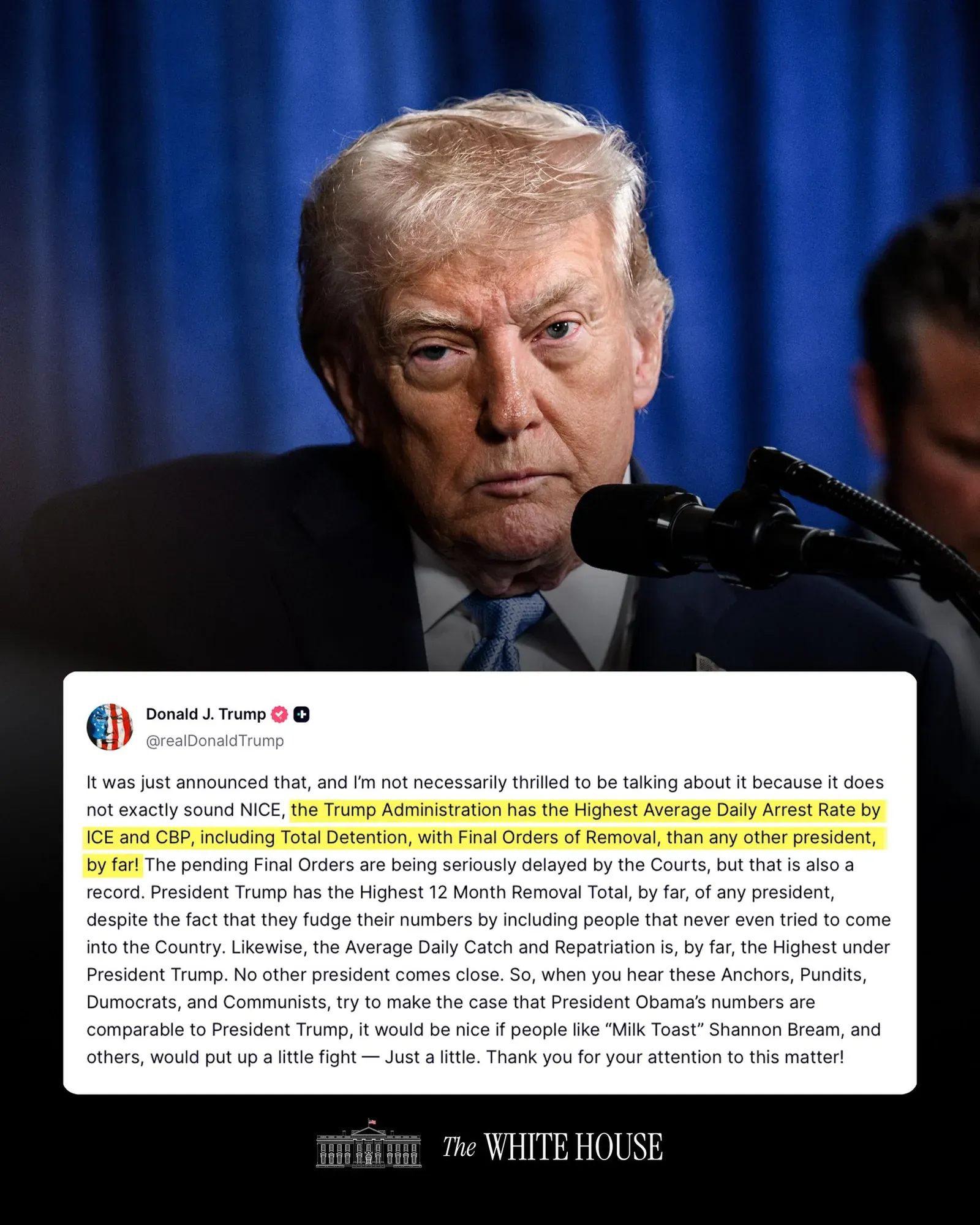 Trump Claims Record ICE and CBP Arrest Rate Under His Watch