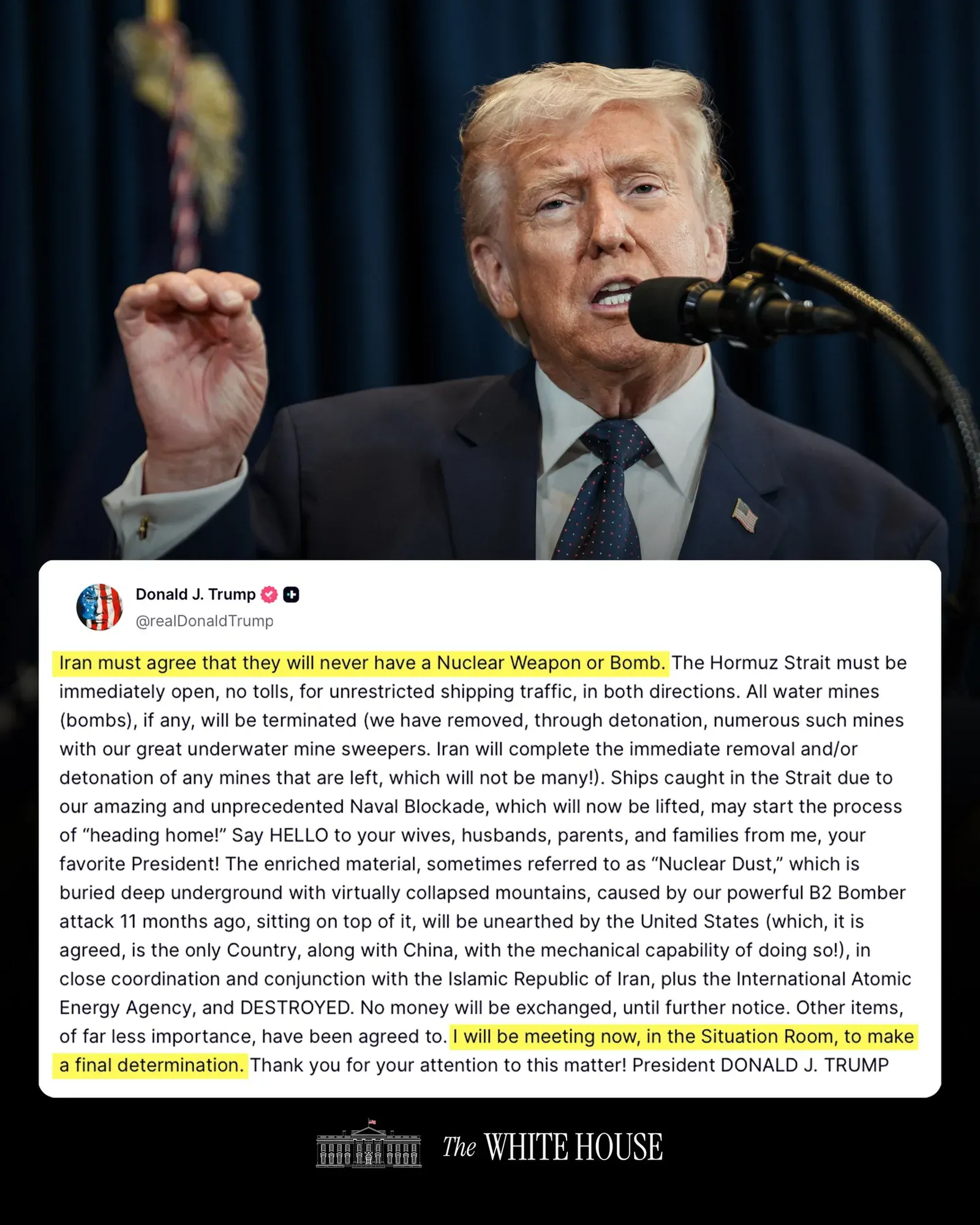 Trump: Iran Must Never Have Nuclear Weapon, Enters Situation Room