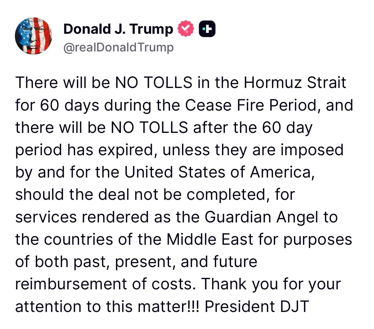 Trump: No Hormuz Tolls for 60-Day Ceasefire, US Retains Override