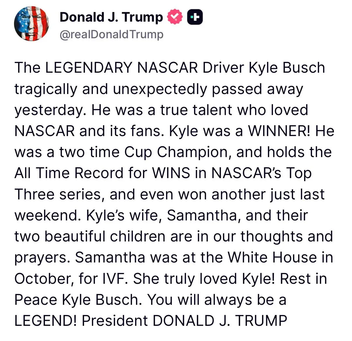 Trump Pays Tribute to NASCAR Driver Kyle Busch
