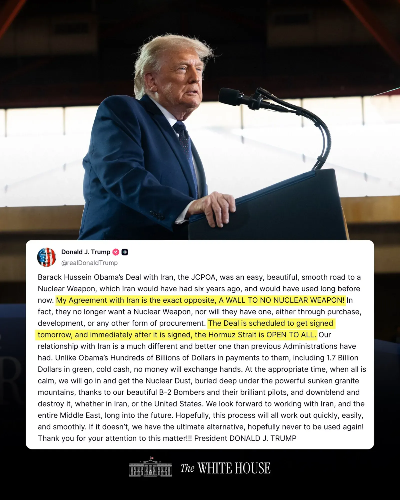 Trump Says Hormuz Strait Opens After Deal Signing Tomorrow