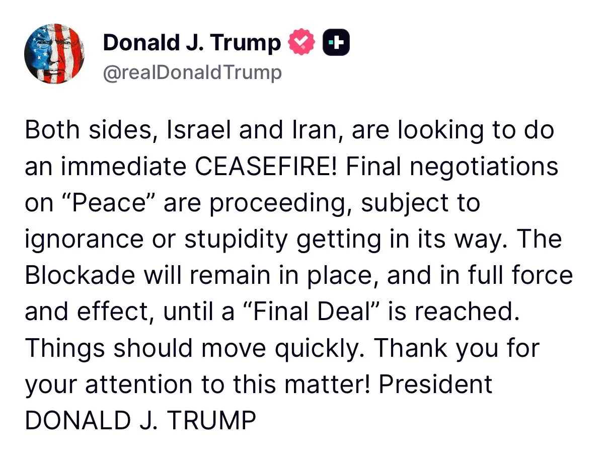 Trump Says Israel and Iran Seeking Immediate Ceasefire
