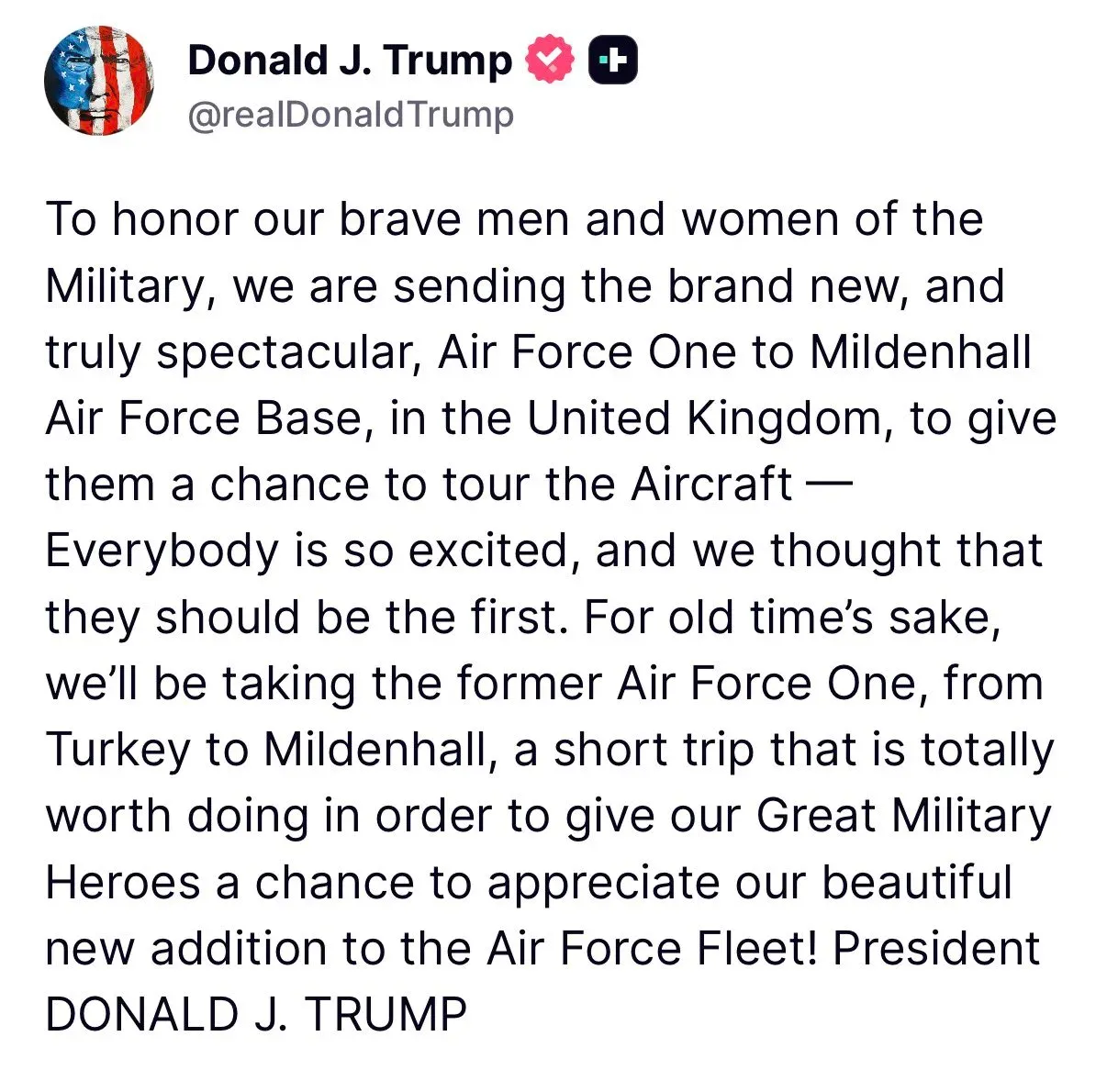 Trump Sends New Air Force One to UK Base to Honor Troops
