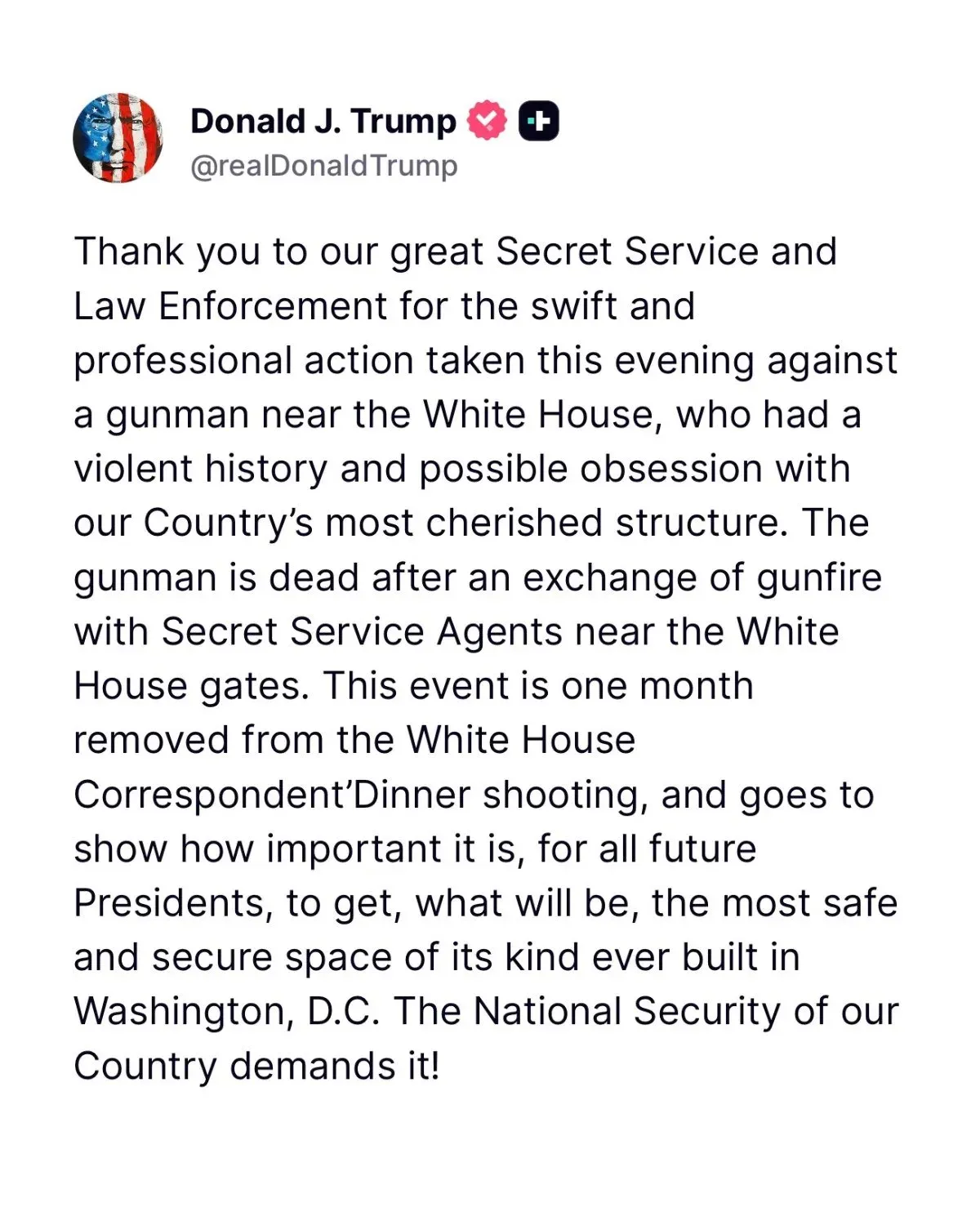 Trump Thanks Secret Service After White House Gunman Incident