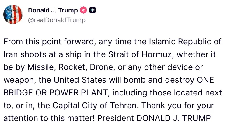 Trump Threatens to Bomb Iran Infrastructure Over Hormuz Attacks