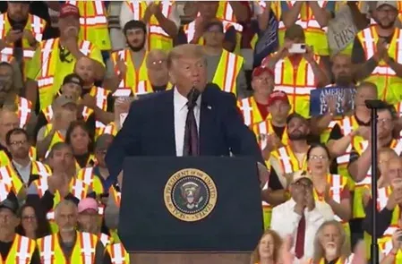 Trump at Mack Trucks plant: touts Iran deal, 25% tariffs, $19.1 trillion in investments